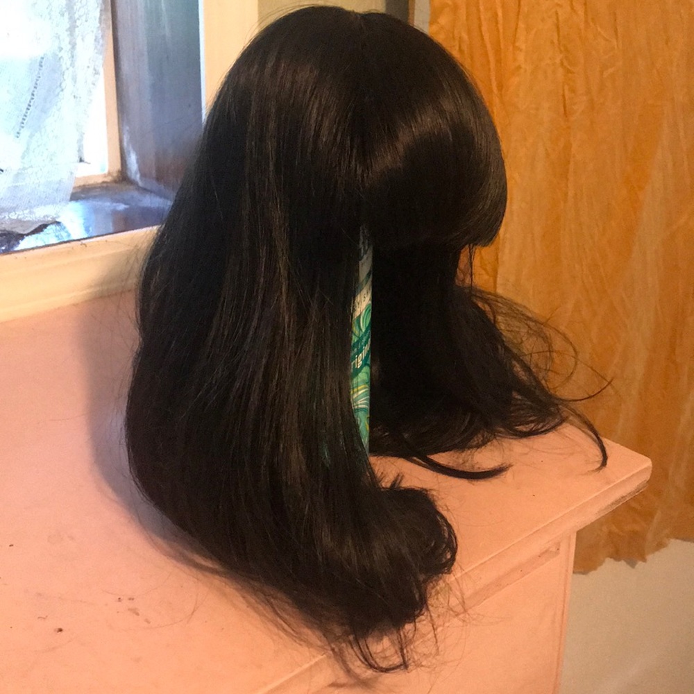 Synthetic black wig long bob short bangs